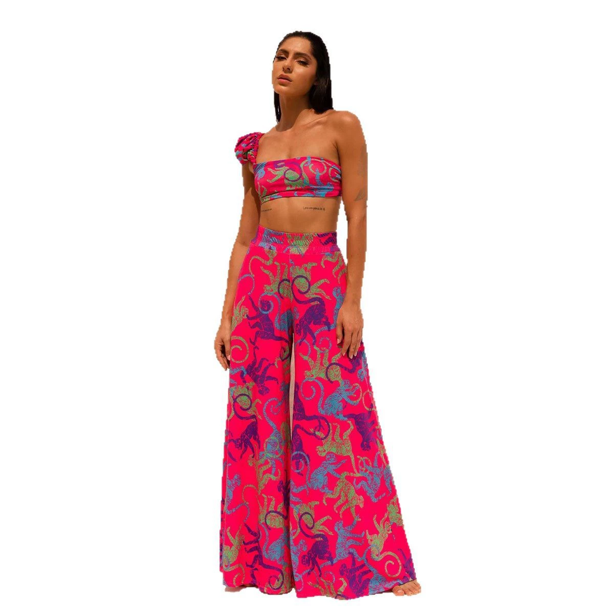 One-Shoulder Bikini Set with High-Waist Shorts and Wide-Leg Pants view 5