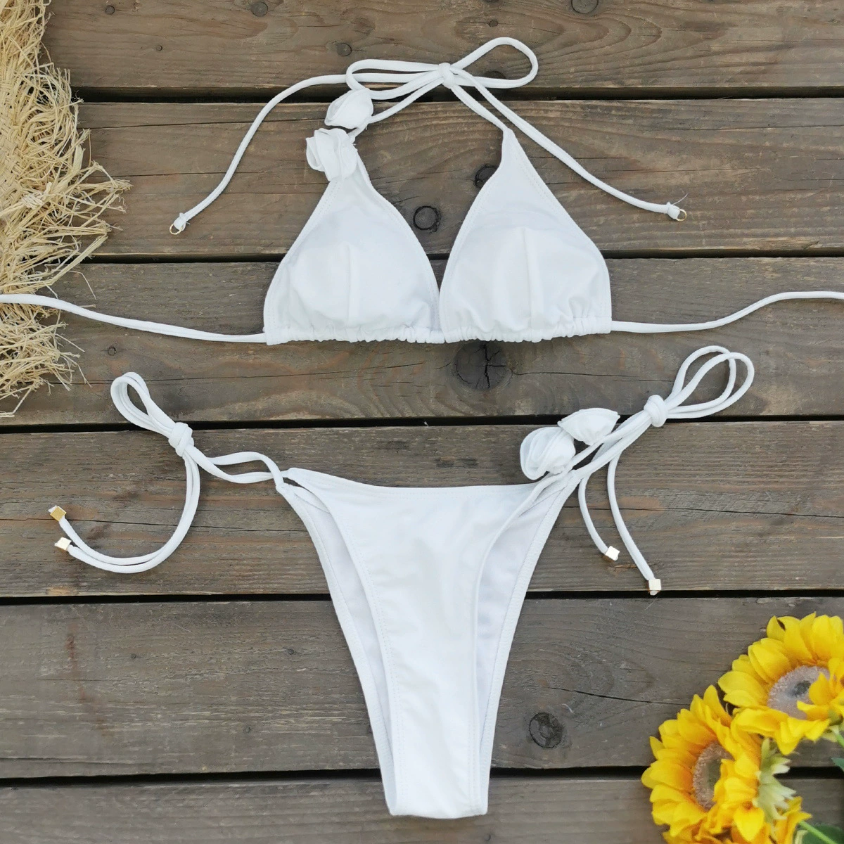 Rosette Halter Triangle Bikini Set with Side-Tie Bottom and Ruched Skirt view 3