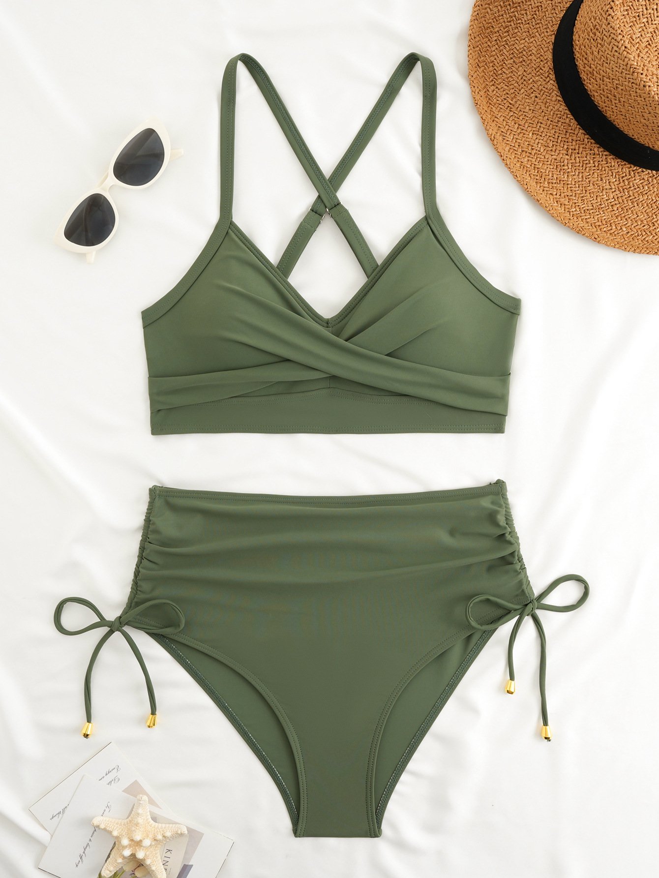 Olive green two-piece bikini set featuring a ruched halter crop top and high-waist tie-side bottoms.