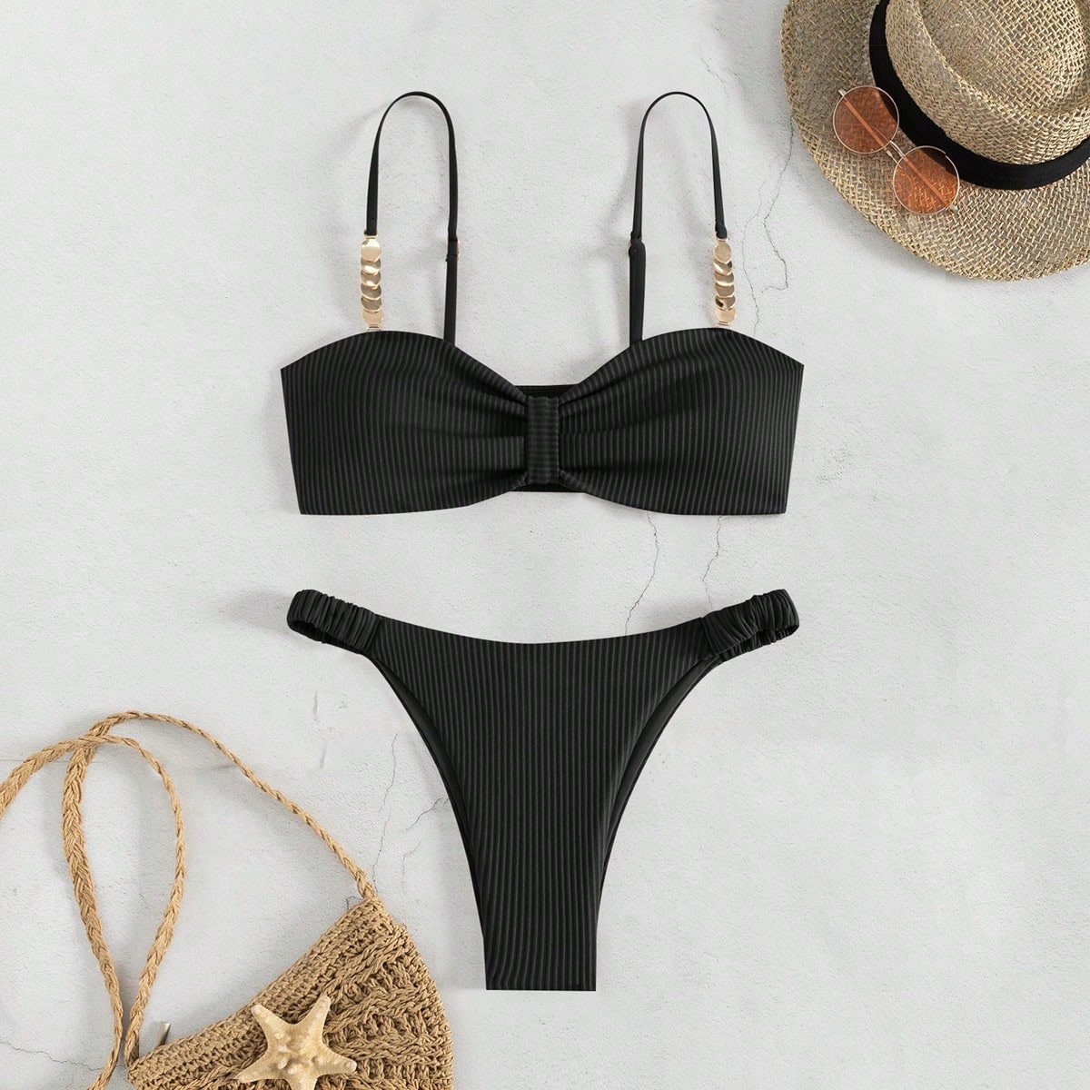 Chain-Strap Ruched Bandeau Bikini Set