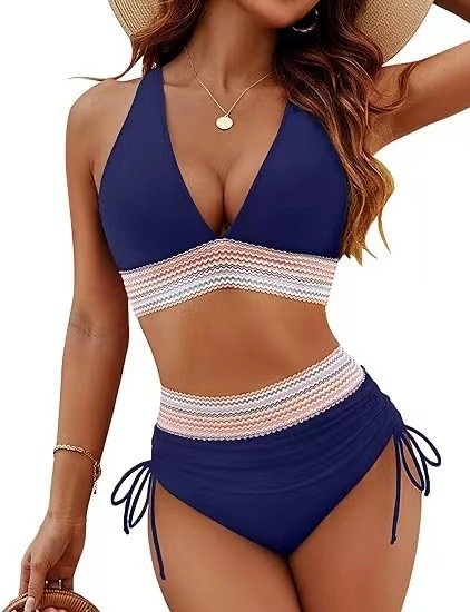 Navy blue halter crop top and ruched tie-side bikini set with patterned waistbands.
