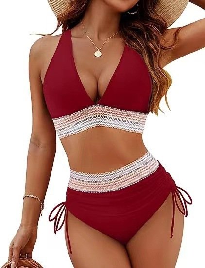A maroon two-piece bikini set featuring a halter crop top and high-waisted tie-side bottoms with a patterned waistband.