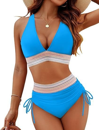 Blue halter crop top bikini with patterned band and matching ruched tie-side bottoms.