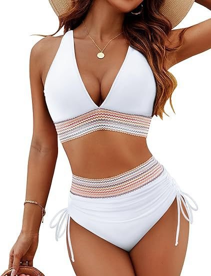 White two-piece bikini set featuring a halter crop top and high-waisted ruched bottoms with patterned banding.