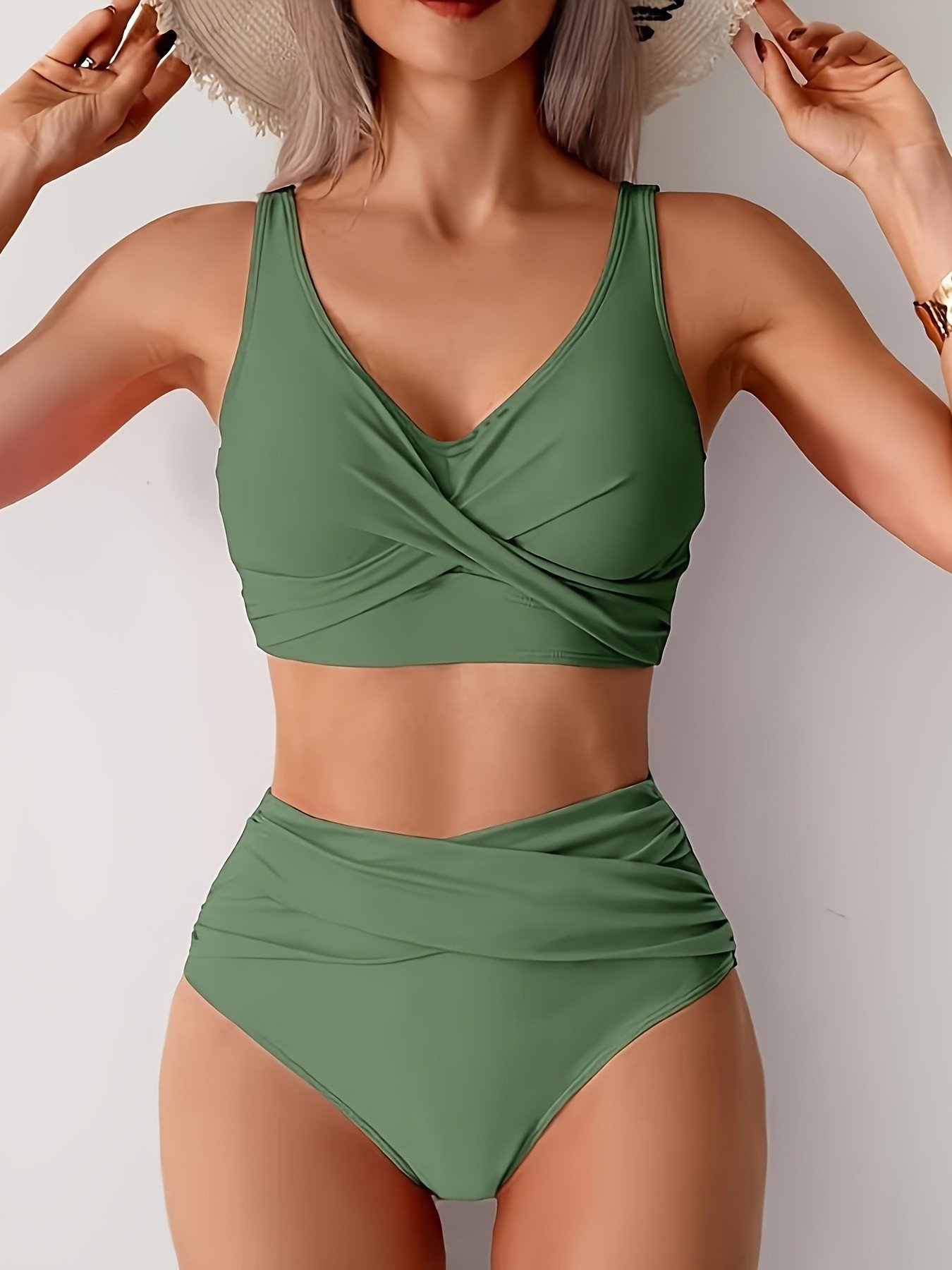 Twist-Front Crop Top and Ruched High-Waist Bikini Set