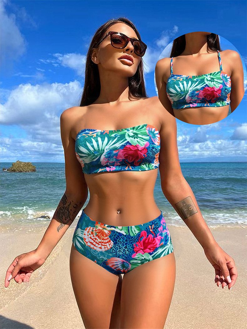 Removable Strap Bandeau and High-Waist Bikini Set