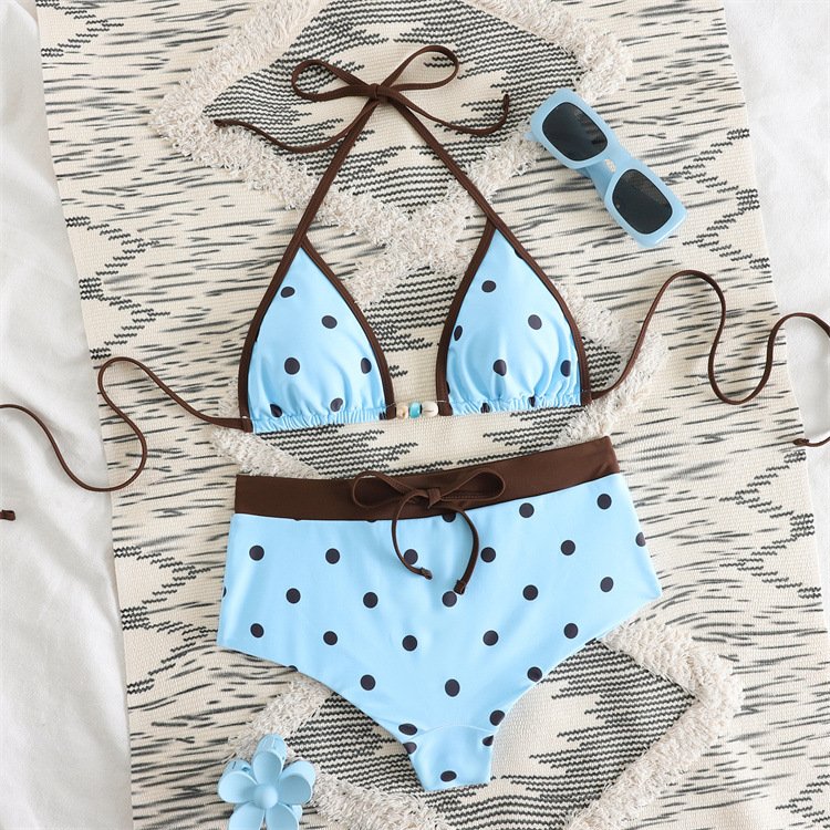 Blue polka dot bikini set with brown contrast trim, featuring a triangle halter top and boyshort bottoms.