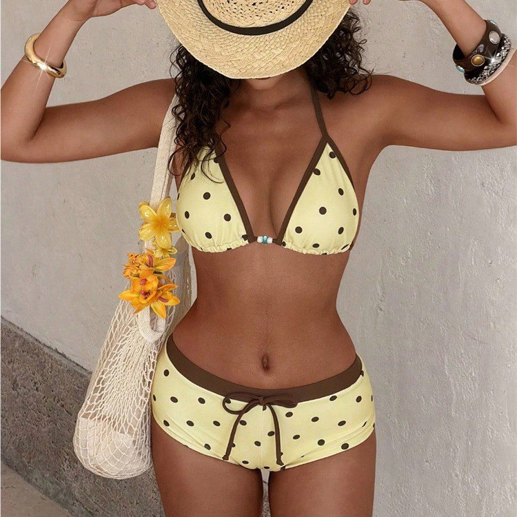 Contrast-Trim Triangle Halter Bikini Set with Boyshorts