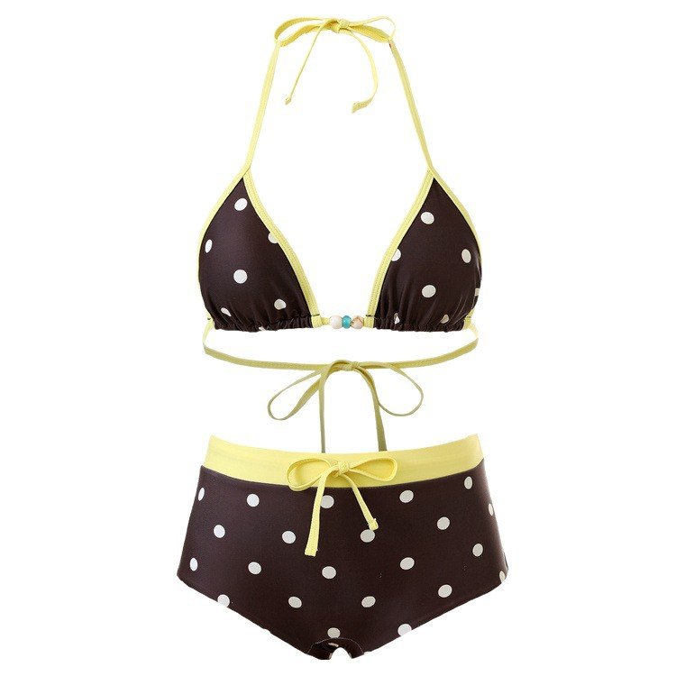 Brown and white polka dot bikini set with yellow trim, featuring a halter triangle top and boyshort bottoms