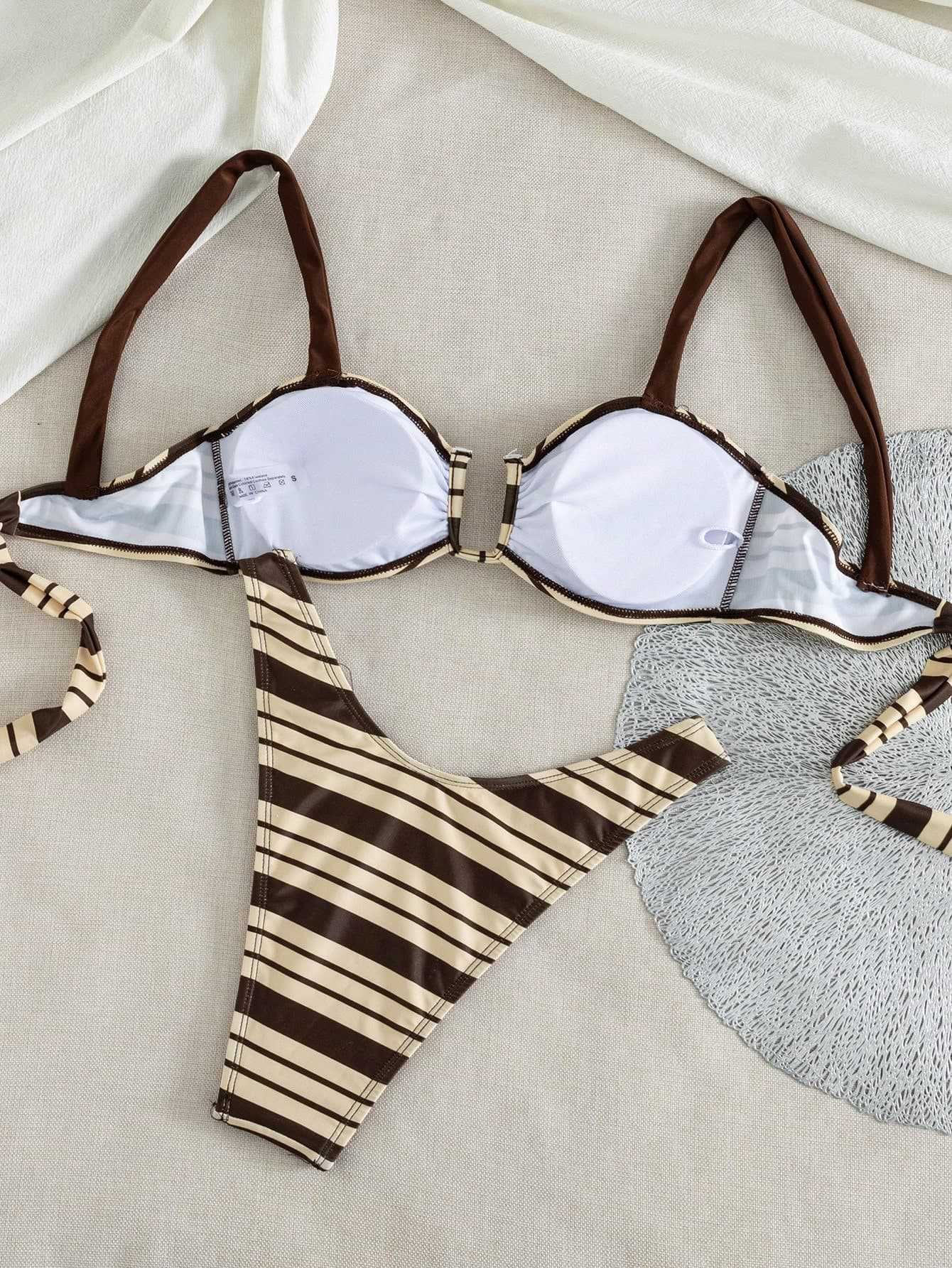 Brown and cream striped underwire halter bikini set with adjustable straps and cheeky bottoms.