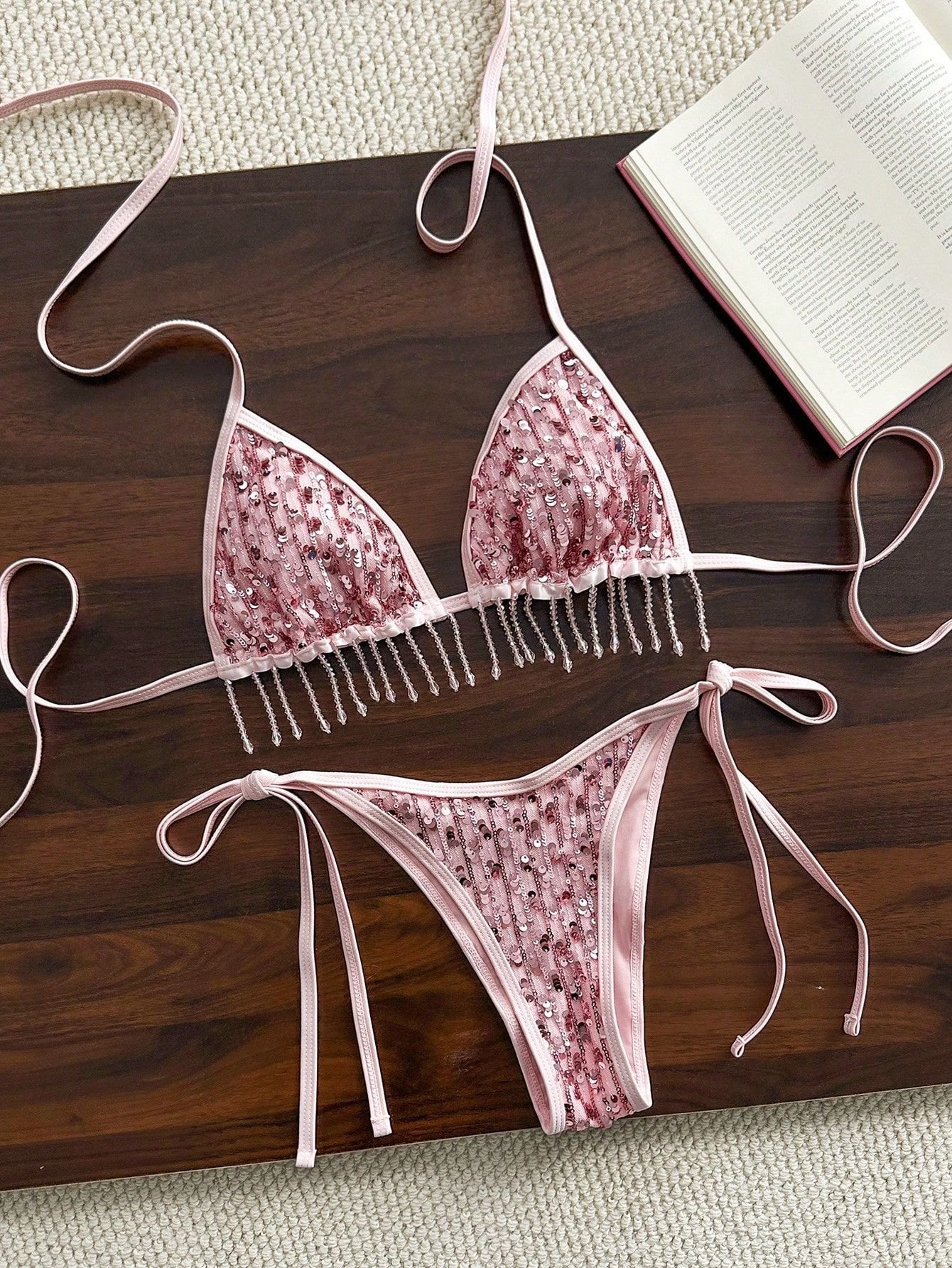Fringe-Trim Halter Triangle Bikini Set