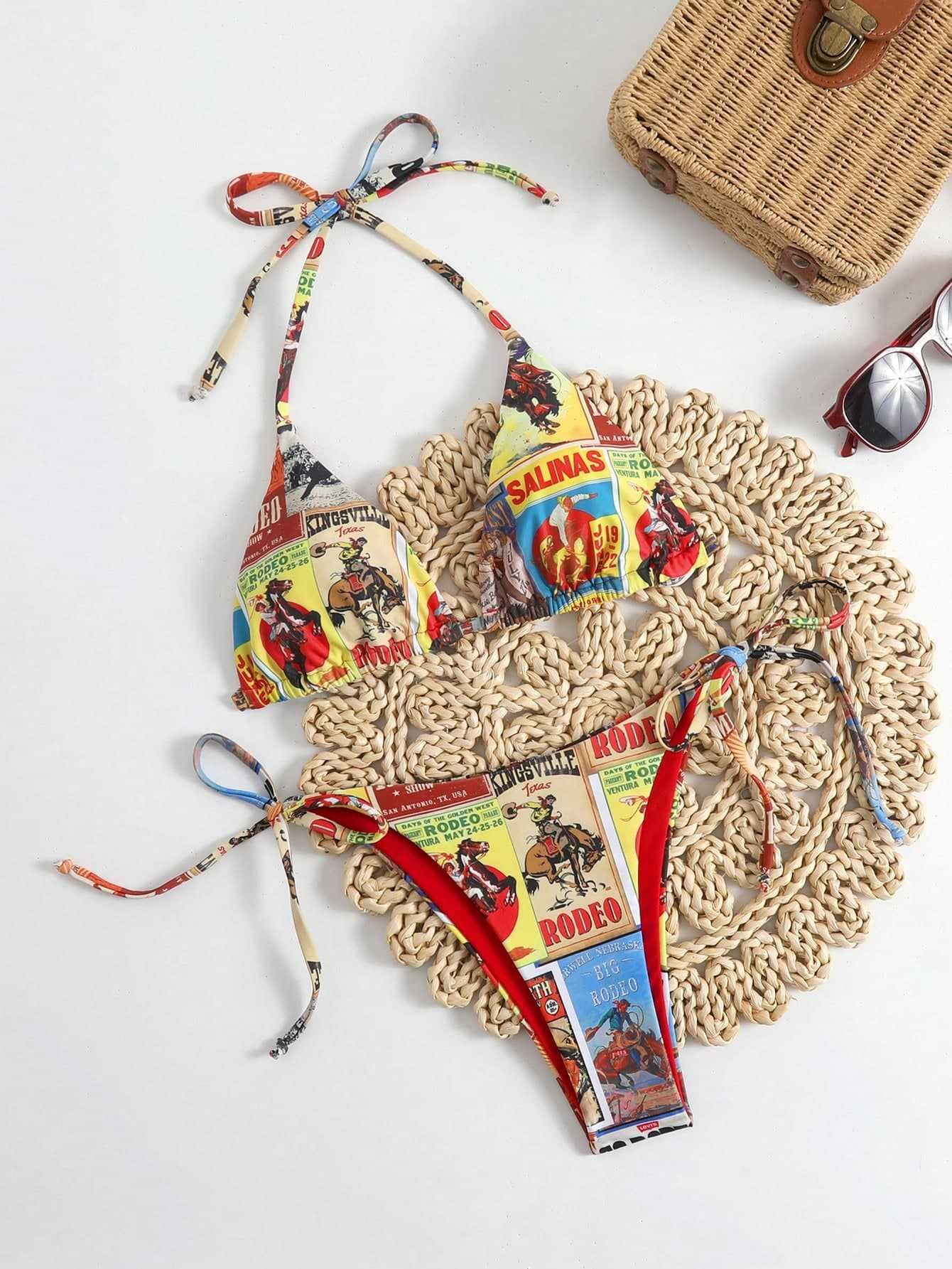 Retro rodeo print reversible halter triangle bikini set with tie sides.