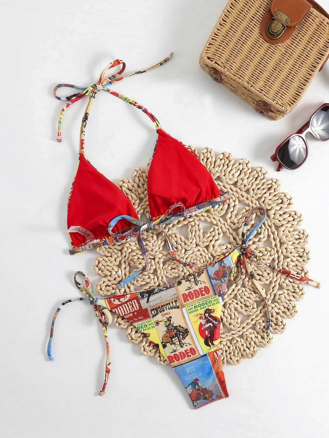 Reversible halter triangle bikini set featuring a solid red top and vintage rodeo print bottoms.