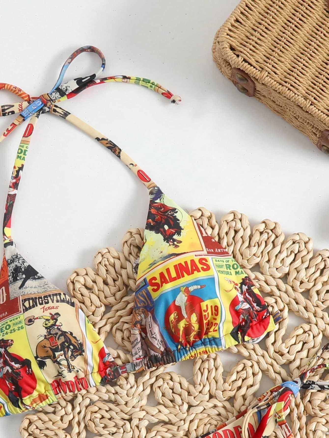 Colorful vintage rodeo print reversible halter triangle bikini top with tie straps.