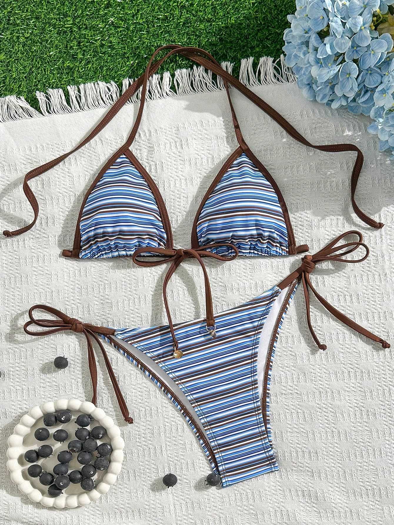 Blue and brown striped tie-front triangle bikini set with halter straps and adjustable side ties.