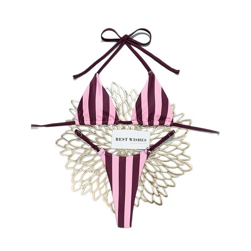 Pink and maroon striped halter triangle bikini set with adjustable side tie bottoms.