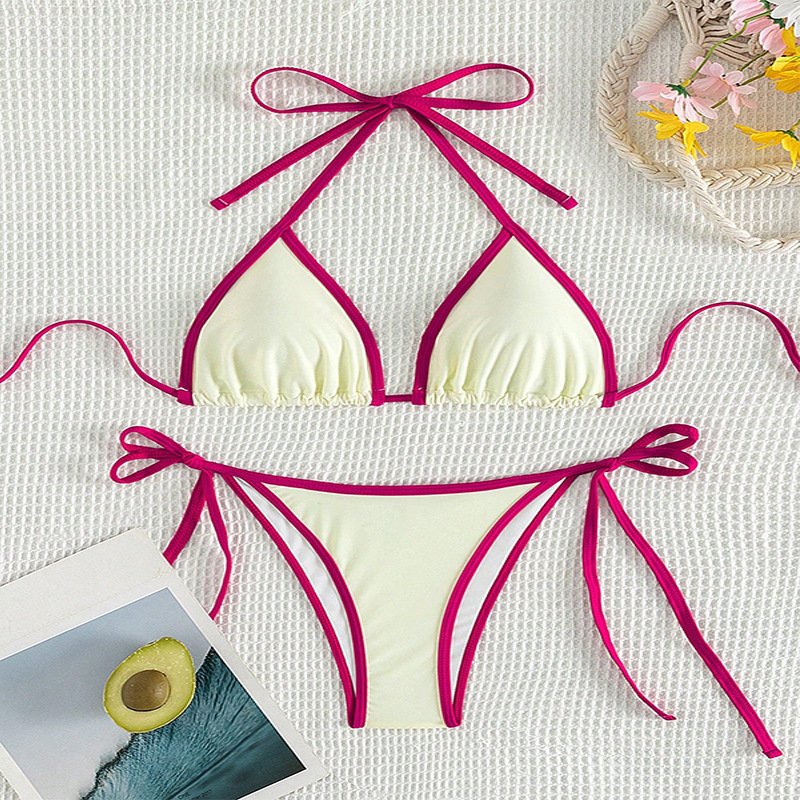 Contrast Piping Halter Triangle Bikini Set