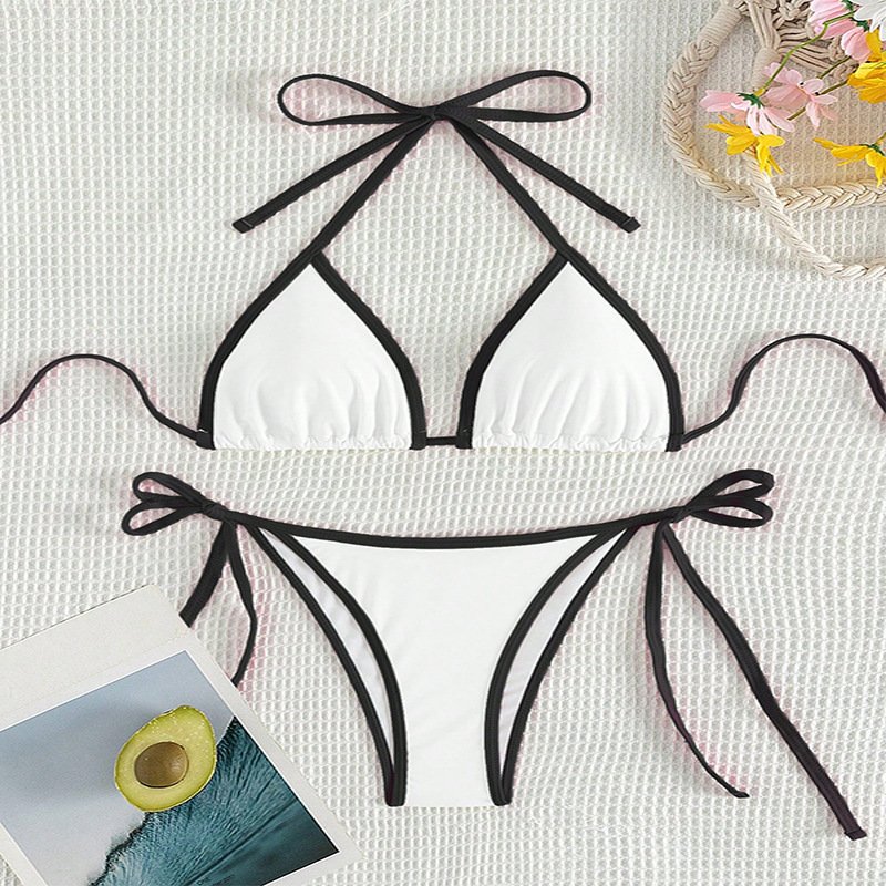 Contrast Piping Halter Triangle Bikini Set