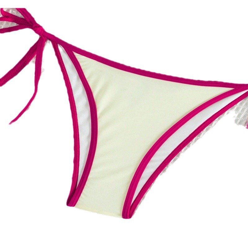 Cream triangle bikini bottom featuring hot pink contrast piping and adjustable side ties.