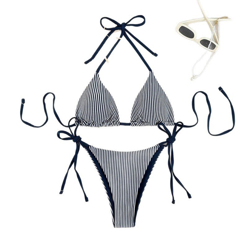 Navy and white striped string tie triangle bikini set with halter top and adjustable side ties.
