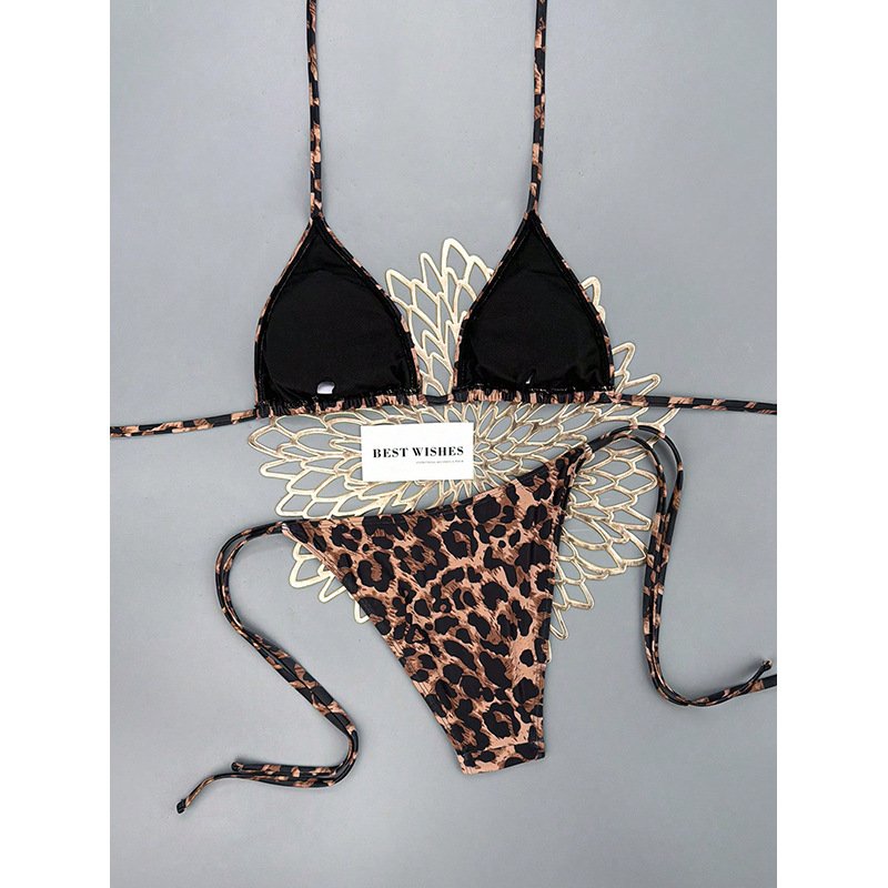 Black and leopard print tie-strap triangle bikini set with side-tie bottoms.