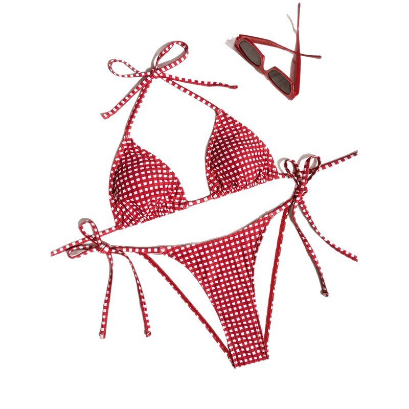 Red and white gingham tie-strap triangle bikini set with matching side-tie bottoms.