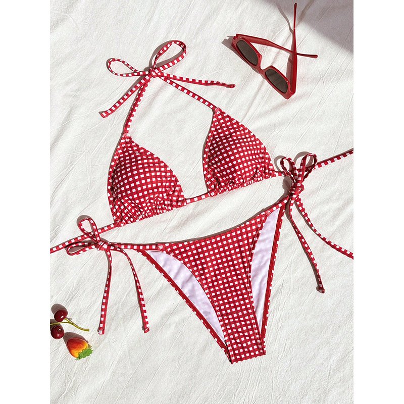 Red and white gingham tie-strap triangle bikini set with adjustable halter and side ties.