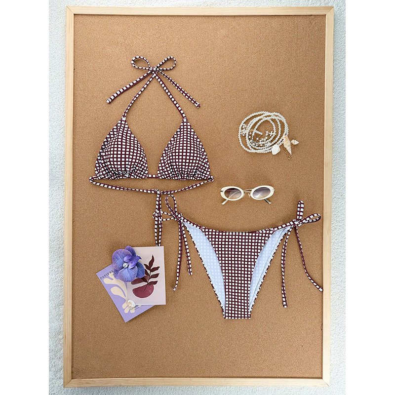 Brown and white gingham triangle bikini set with tie straps and side-tie bottoms.