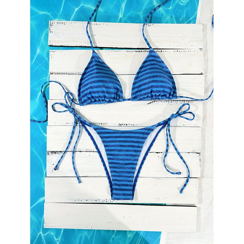 Blue and black striped triangle bikini set with tie straps and side-tie bottoms.