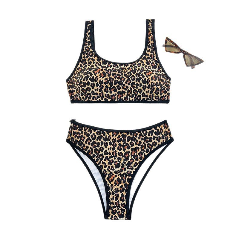 Leopard print two-piece bikini set with scoop neck tankini top and high-cut bottoms.