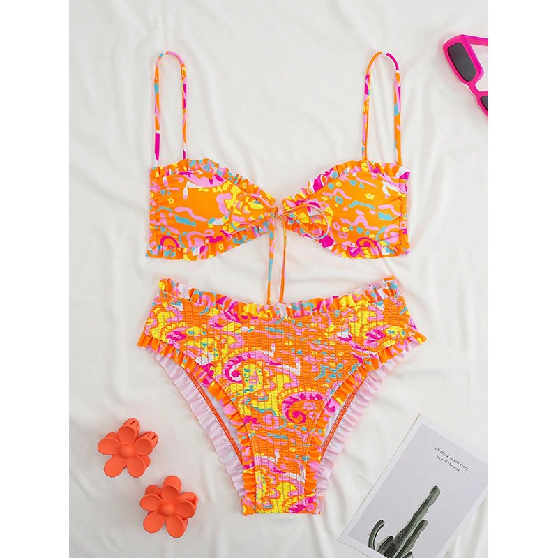 Ruffle Trim Smocked Bikini Set