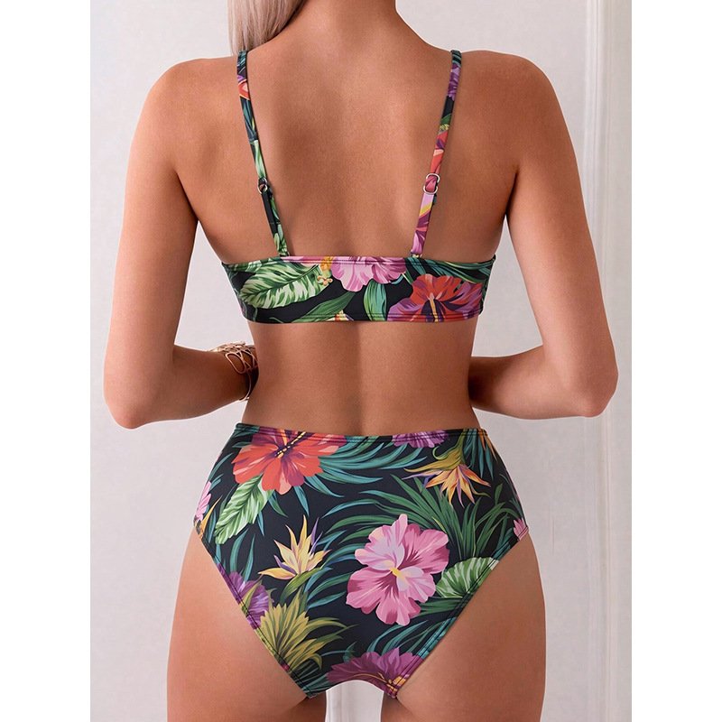 Back view of a floral print bikini set featuring adjustable straps and high-cut bottoms.
