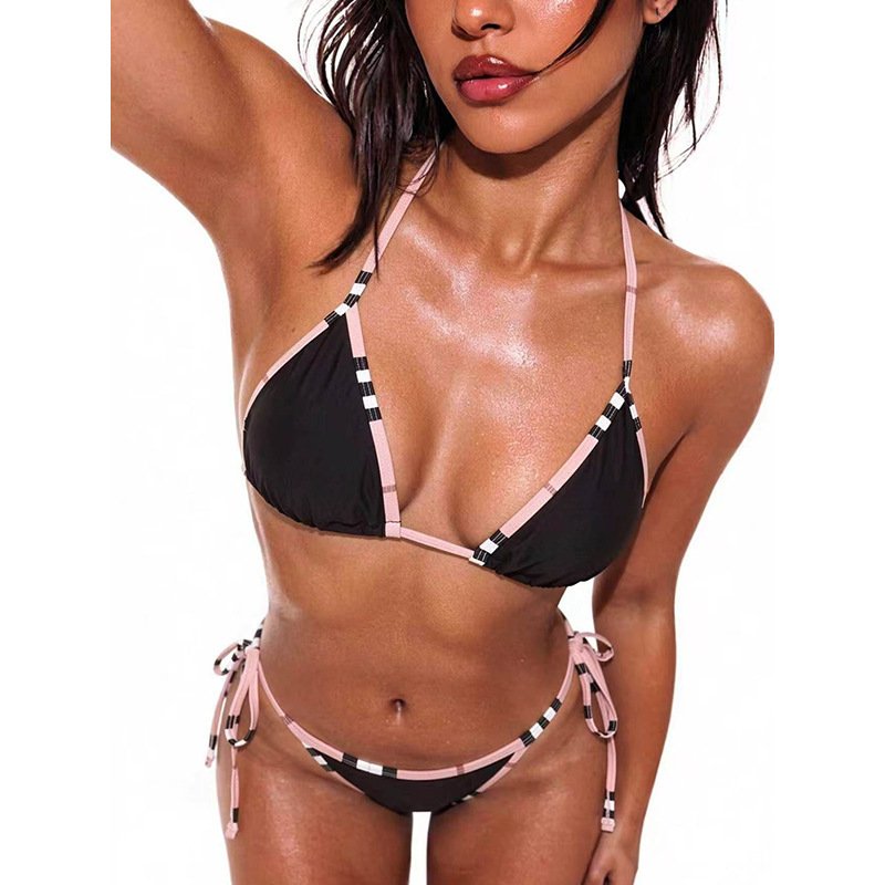 Black triangle bikini set with pink contrast trim and beaded straps.