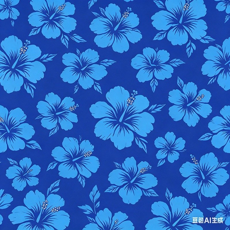 Blue fabric pattern featuring light blue hibiscus flowers and leaves on a dark blue background.