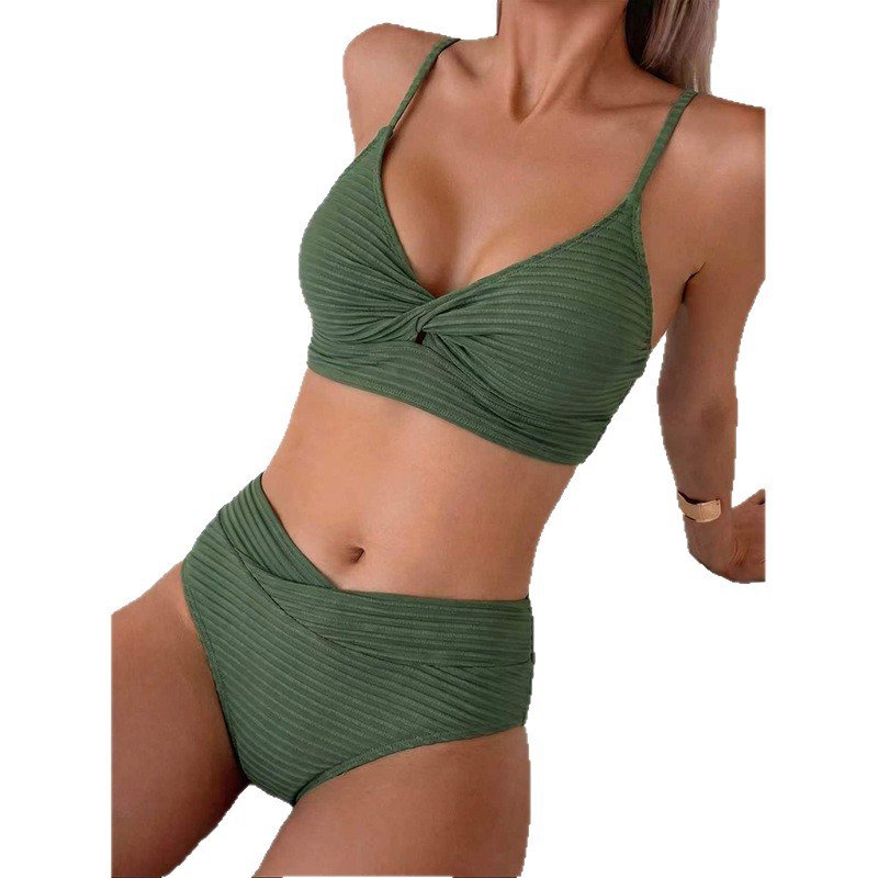 Olive green ribbed bikini set featuring a twist front bralette top and high-waisted bottoms with a crossed front