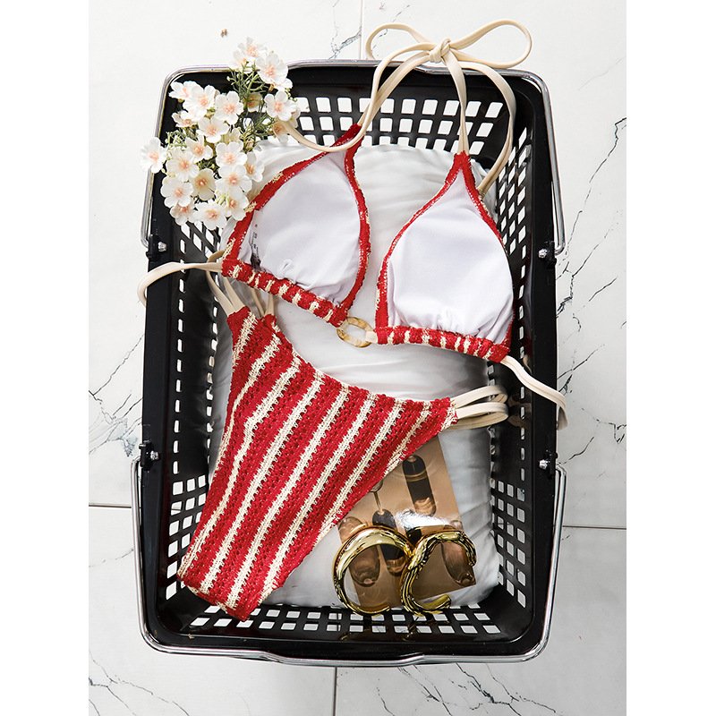 Red and white striped bikini set with a white triangle halter top featuring gold ring detail and side-tie