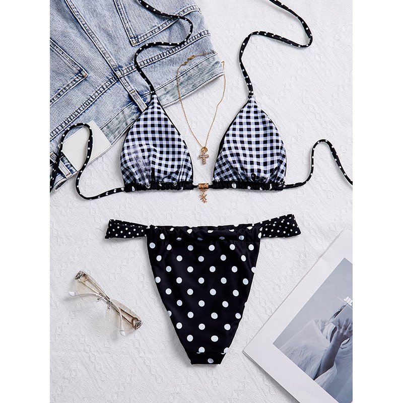 Reversible triangle string bikini set featuring a gingham top and polka dot bottoms with side ties.