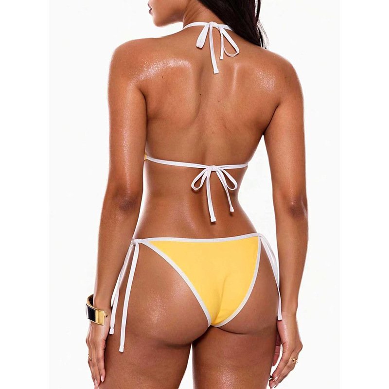Back view of a yellow and white contrast trim halter triangle bikini set with side ties.