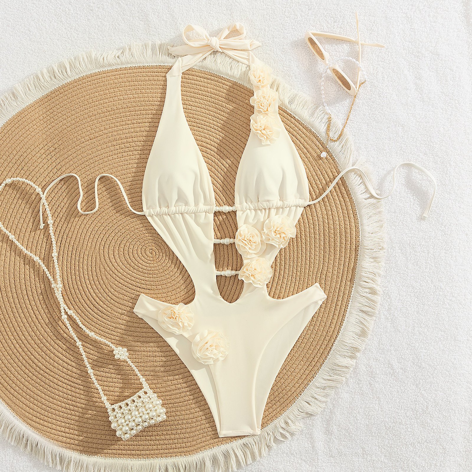 Floral Applique Cutout Halter Bikini Set