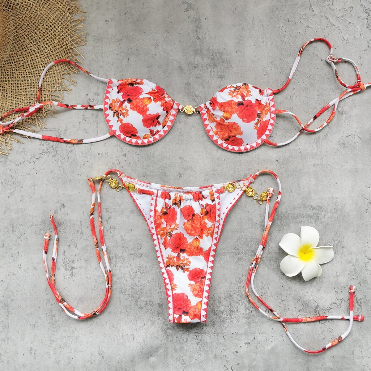 Floral print underwire triangle bikini set with tie-side bottoms and gold hardware details.