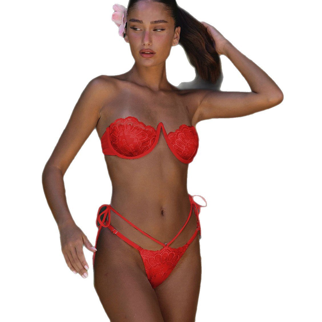 Red strapless lace bikini set featuring an underwire top and strappy thong bottoms with side ties.