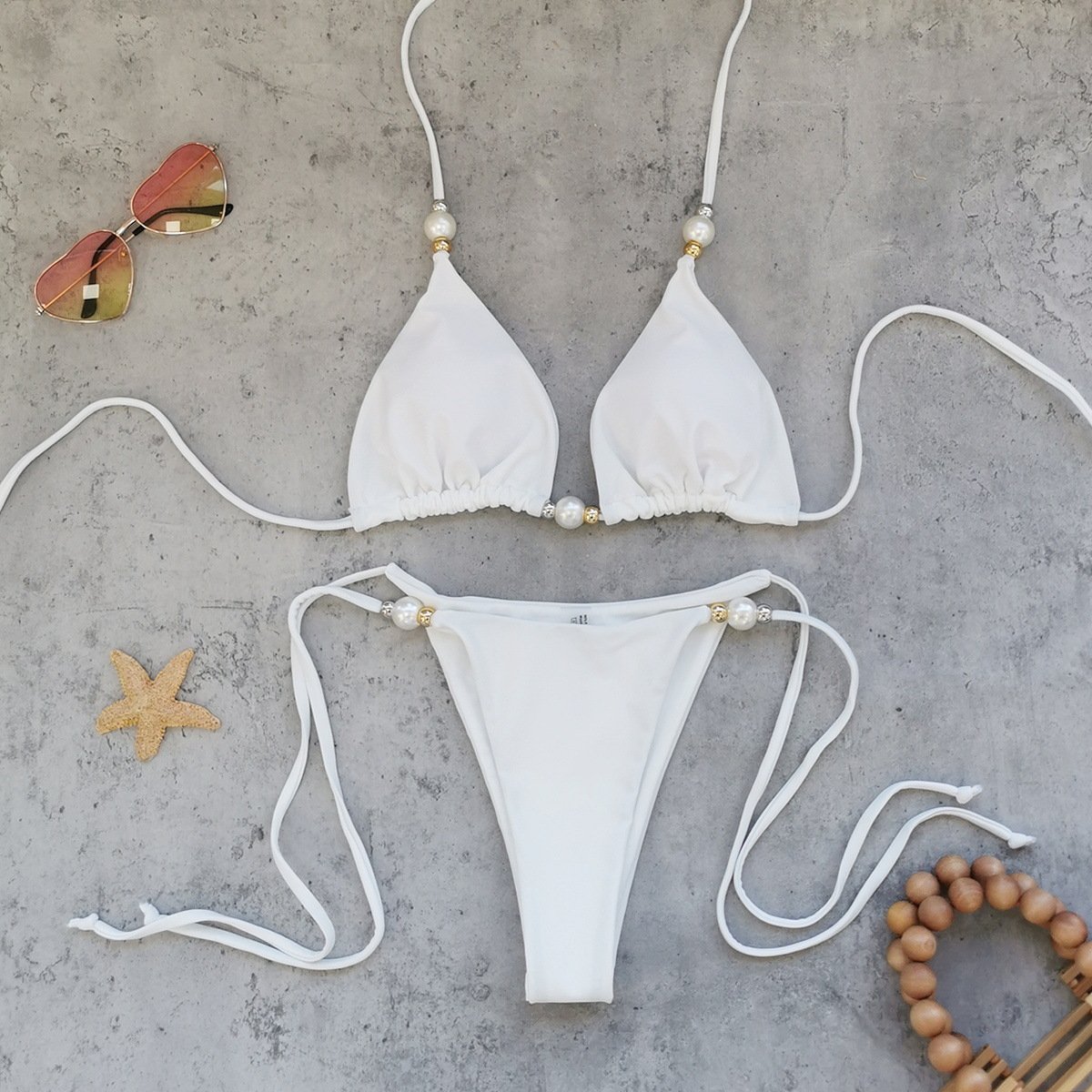 Pearl-Accented Tie-String Triangle Bikini Set