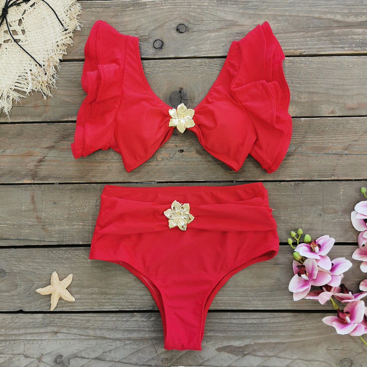 Ruffle Sleeve Bikini Set with Metal Flower Detail