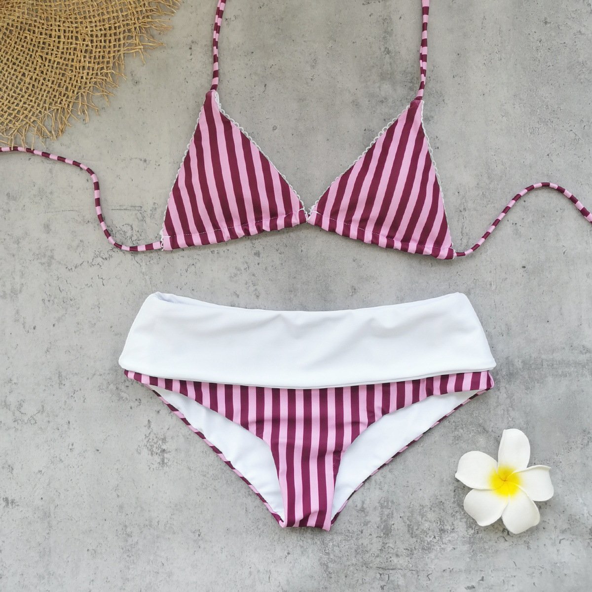 Halter Triangle Bikini Set with Fold-Over Waistband Bottoms