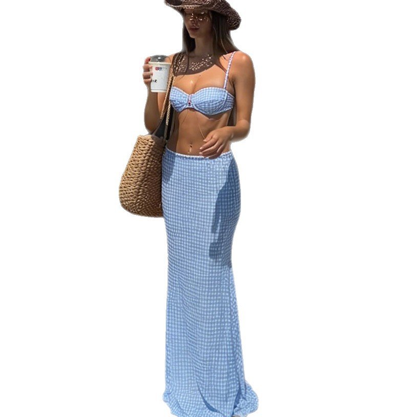 Blue gingham underwire bikini top with spaghetti straps paired with a matching long maxi skirt.