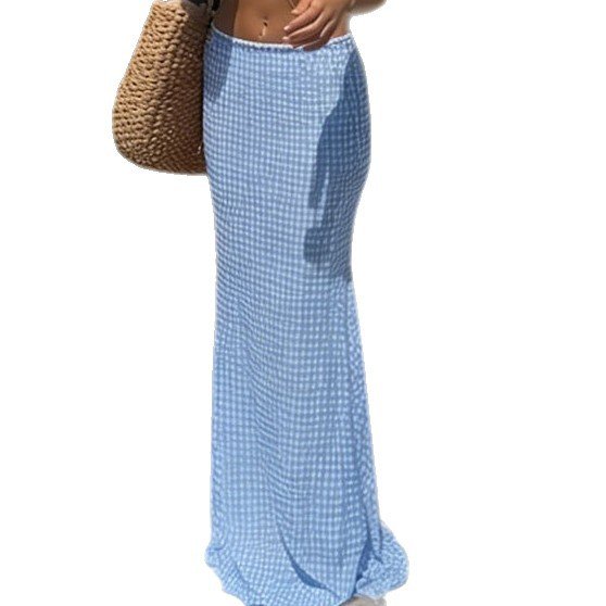 Blue and white gingham high-waist maxi skirt with a fitted silhouette.