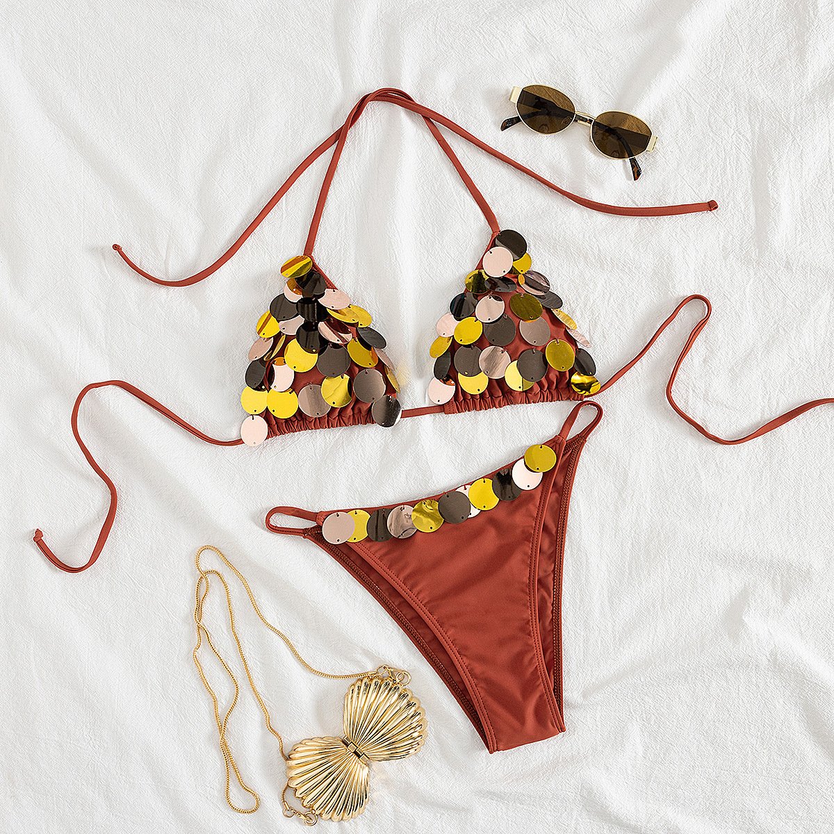 Sequin Triangle Halter Bikini Set