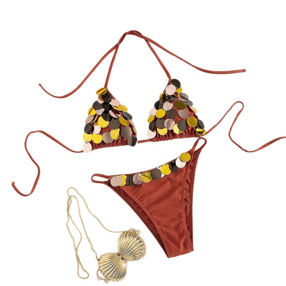 Rust-colored sequin triangle halter bikini set with side ties and a gold shell necklace.