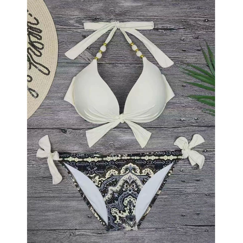 Beaded Halter Triangle Bikini Set with Tie-Side Bottoms
