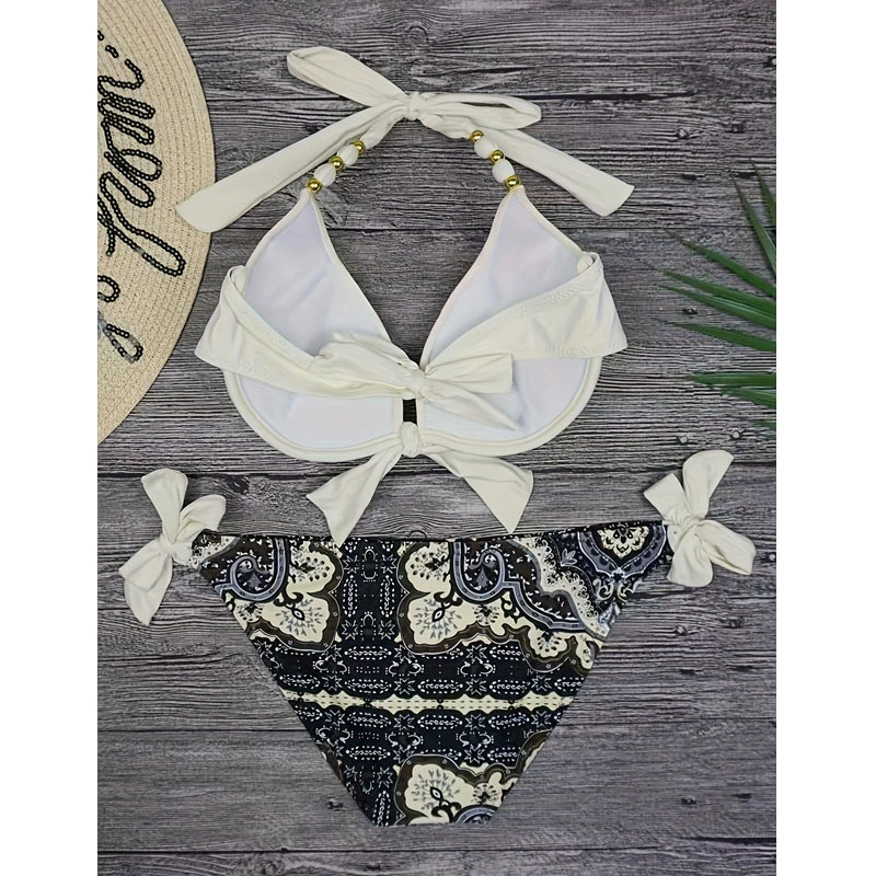 Beaded Halter Triangle Bikini Set with Tie-Side Bottoms view 4